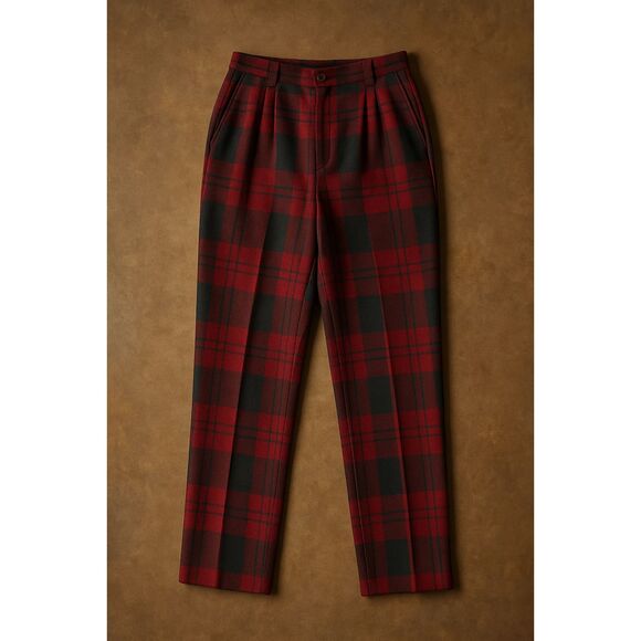 Vintage Bill Blass Wool Tartan Plaid High Waist Trousers Pants Red Green Size 10 - Picture 6 of 16